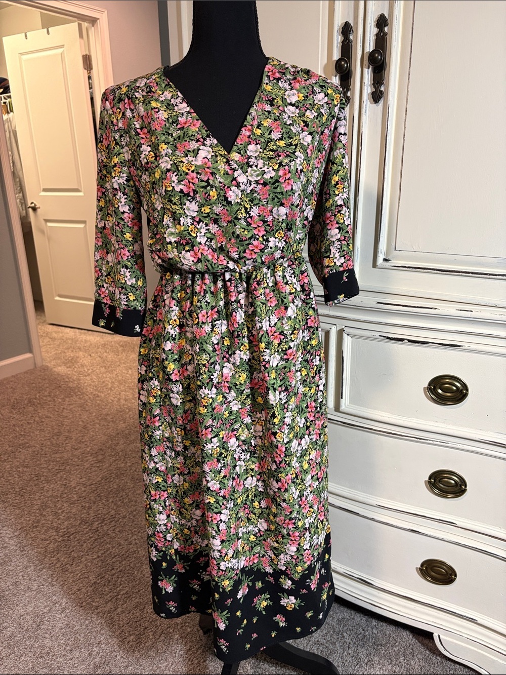 Zara Black Floral Wrap Midi Dress with Pink and Green Accents